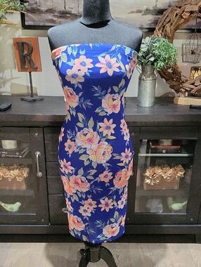 Floral Strapless Bodycon Dress in Royal Blue with Pink Blooms